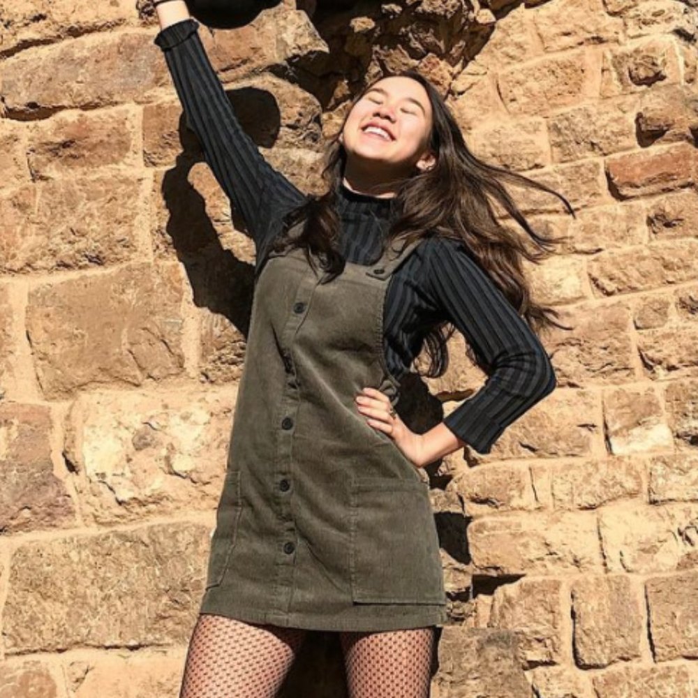 Pull & Bear Green Corduroy Overalls Dress, Size S